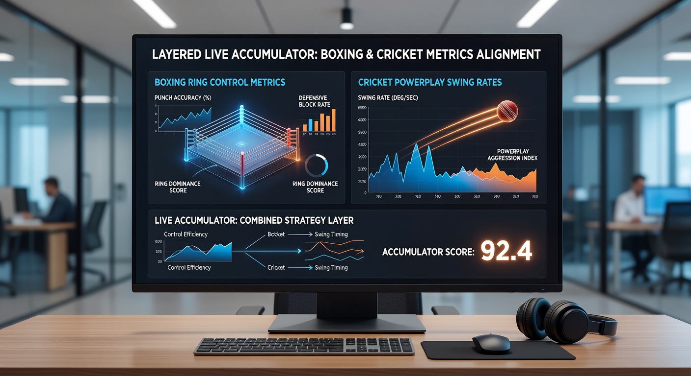 Live data dashboard showing integrated boxing and cricket metrics during accumulator progression