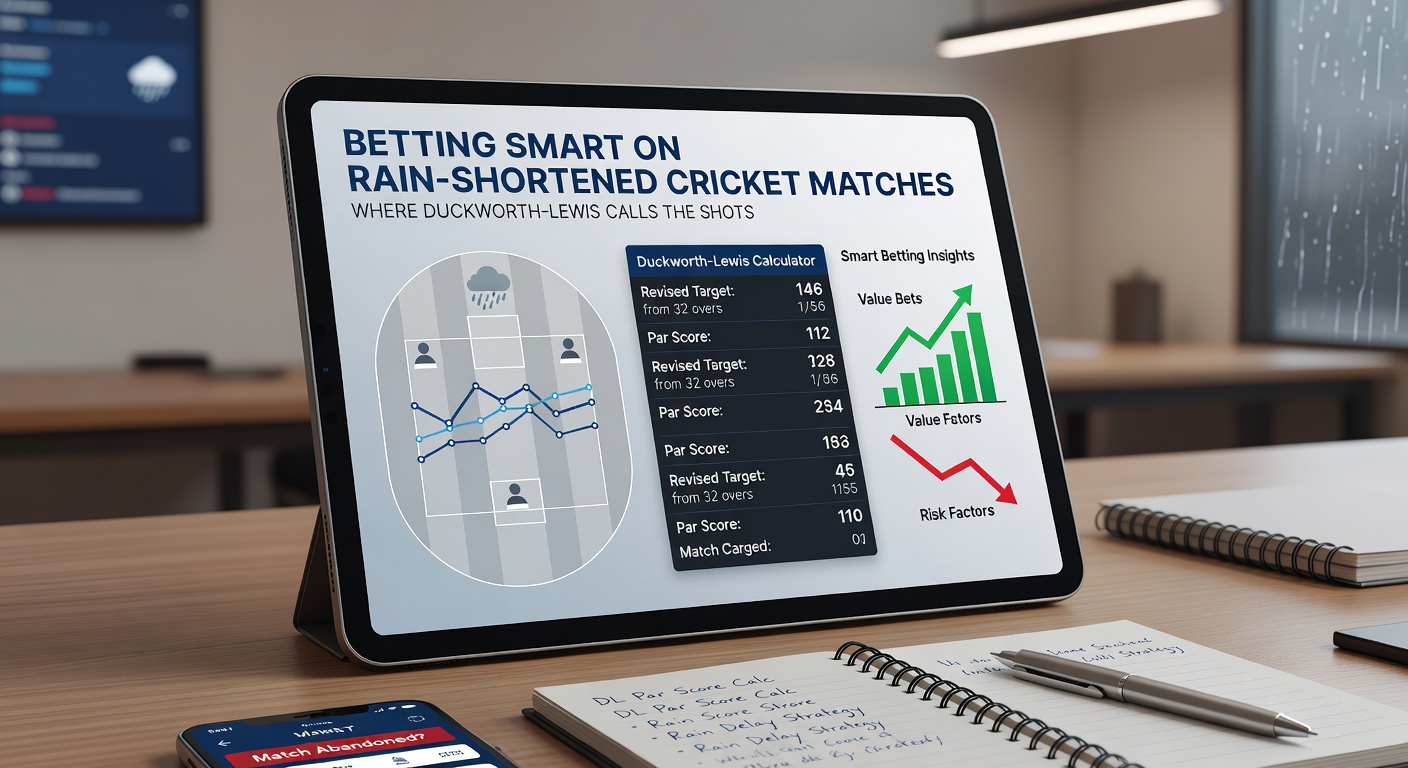 Umpires and captains reviewing DLS calculations on a laptop during a rain delay in an IPL match
