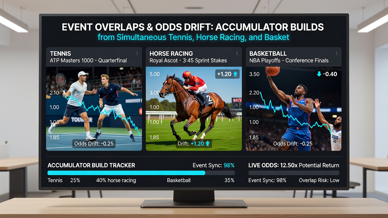 Accumulator betting slip displaying combined selections from tennis, horse racing, and basketball markets