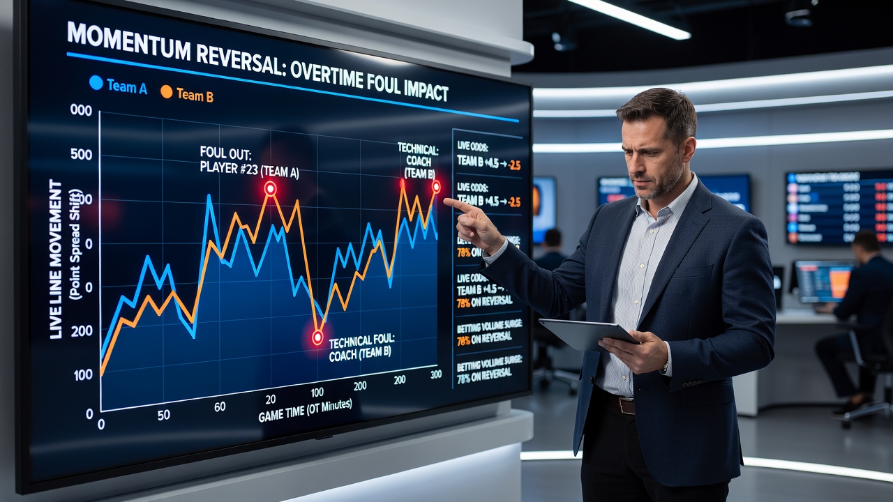 Live betting interface displaying line movements during basketball overtime periods influenced by fouls