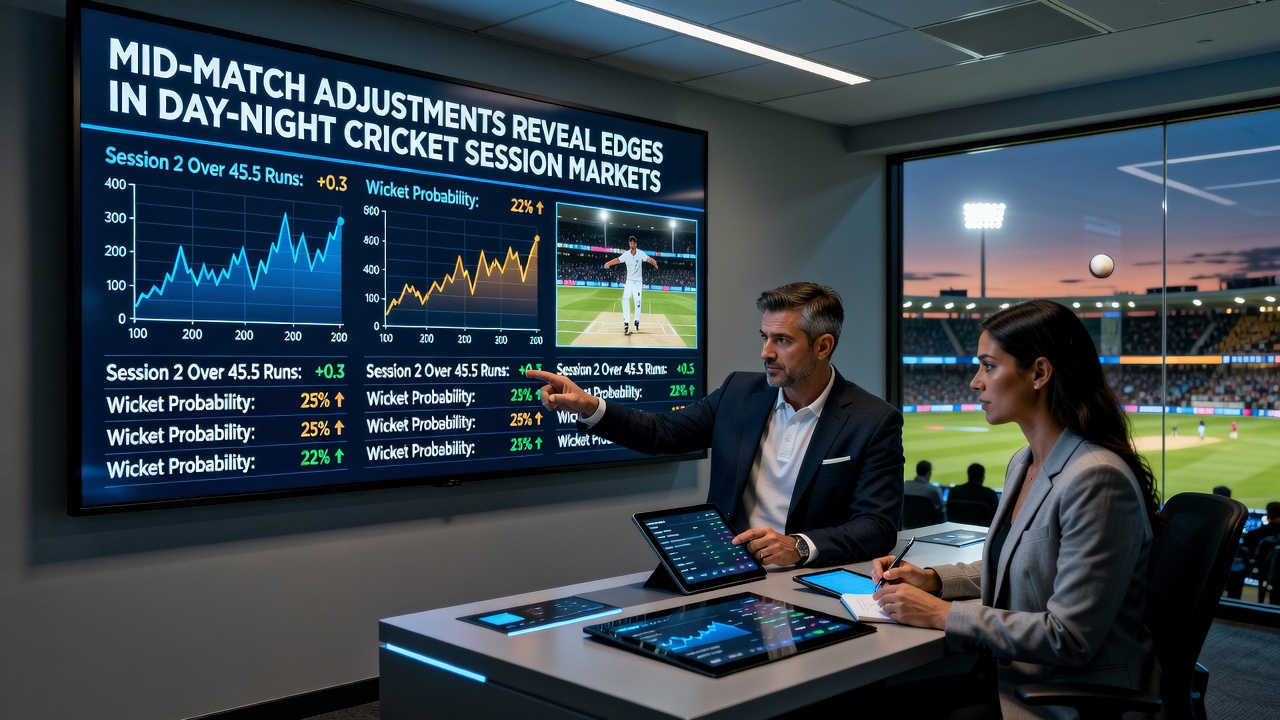 Cricket players adjusting field positions during evening session
