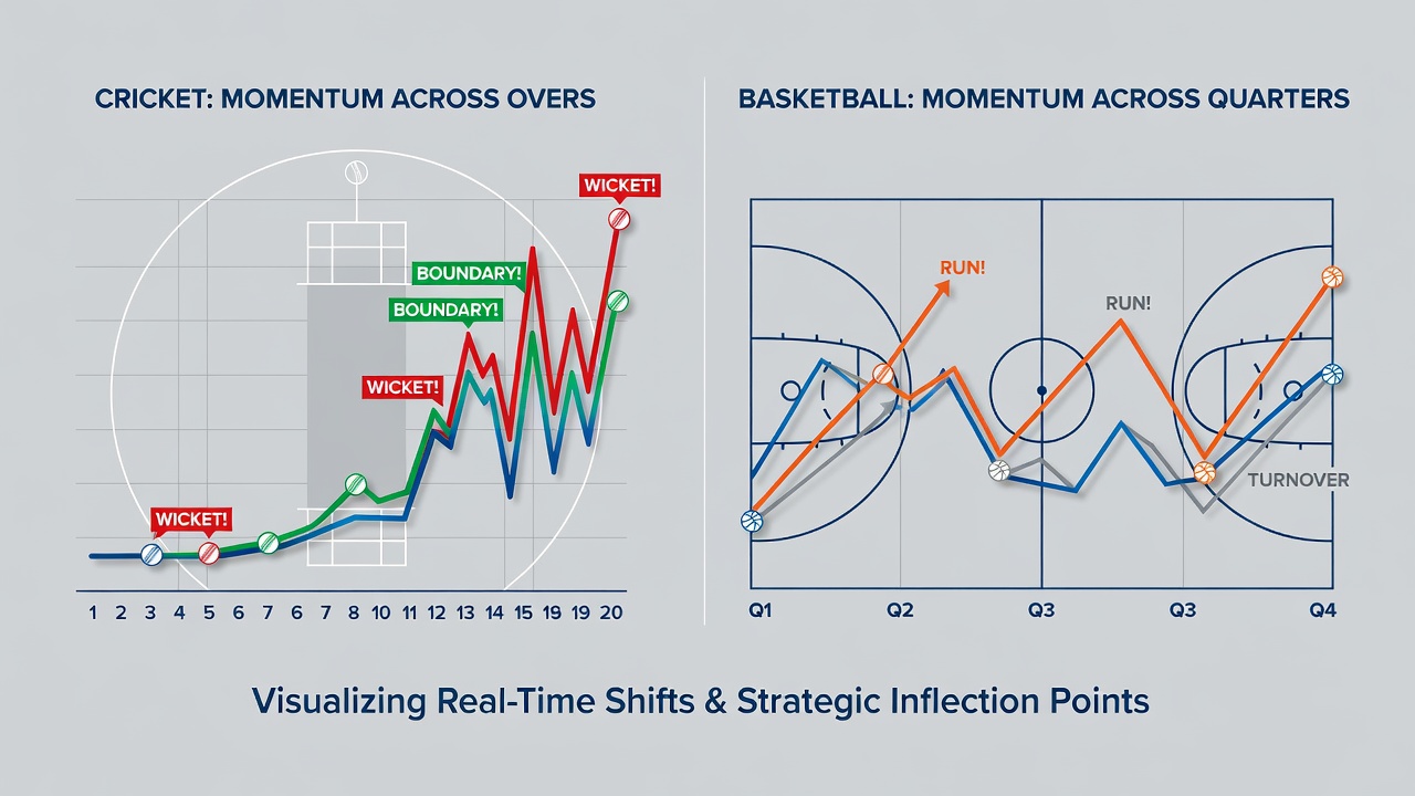 Detailed momentum map overlay showing basketball quarter transitions and cricket over sequences