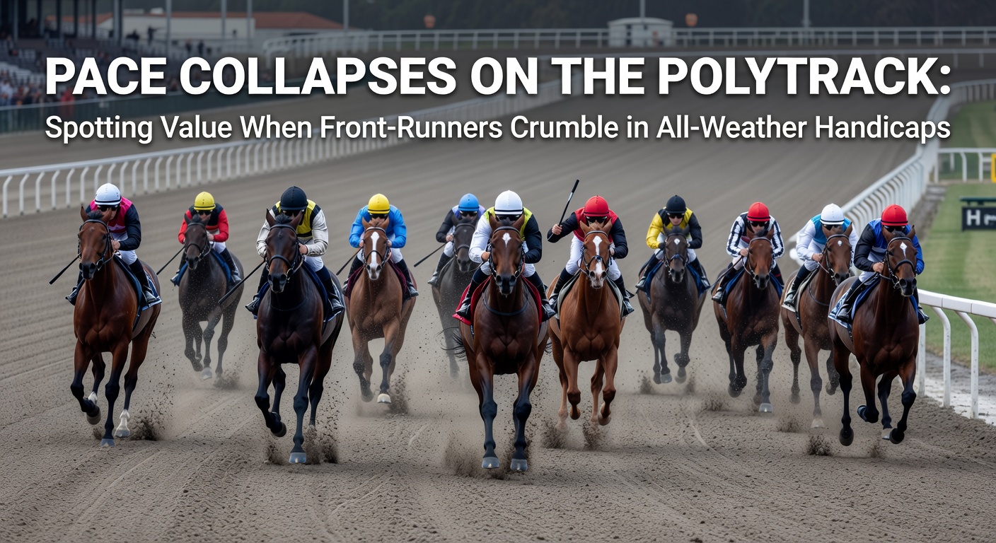 Close-up of a Polytrack race unraveling, front-runner veering wide in exhaustion as closers sweep past in the stretch