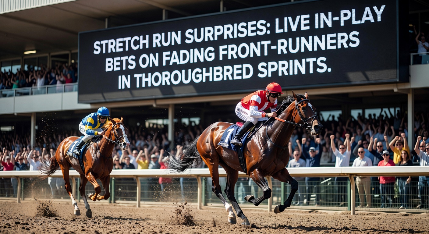 Close-up of a live betting interface showing odds surging on a fading front-runner during a sprint race stretch run, with graphs of pace figures overlaid