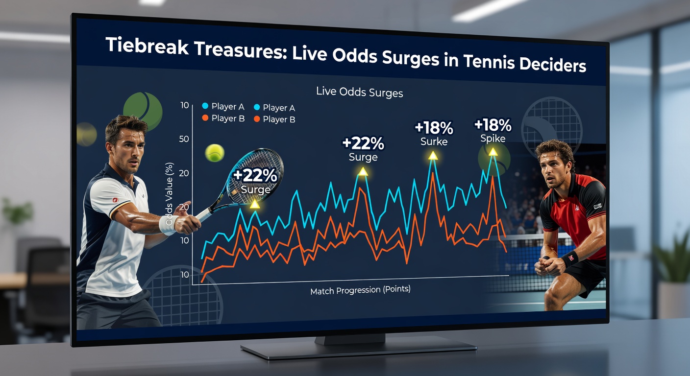 Close-up of a tennis tiebreak point with scoreboard showing surging live odds and player intensity