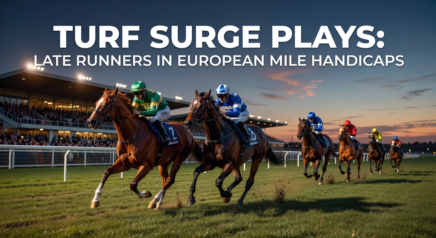 Dramatic finish in a European mile handicap as a cluster of late runners thunder home, jockeys urging their mounts in the dying strides amid a packed grandstand