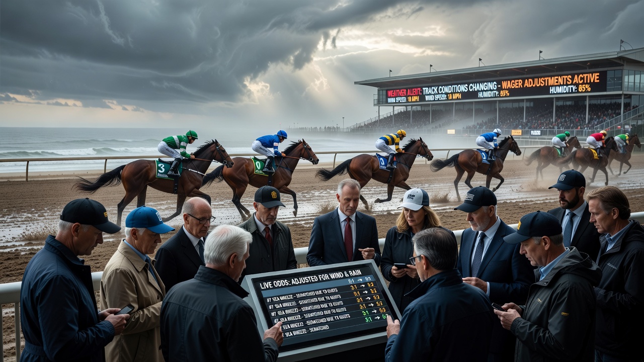 Bettors at a coastal track reviewing live odds boards during changing weather conditions