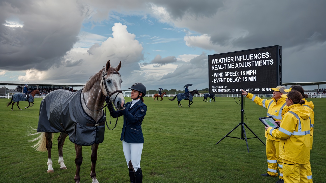 Event staff implementing real-time weather-based adjustments including route changes and cooling protocols for athletes alongside animal participants in an open setting